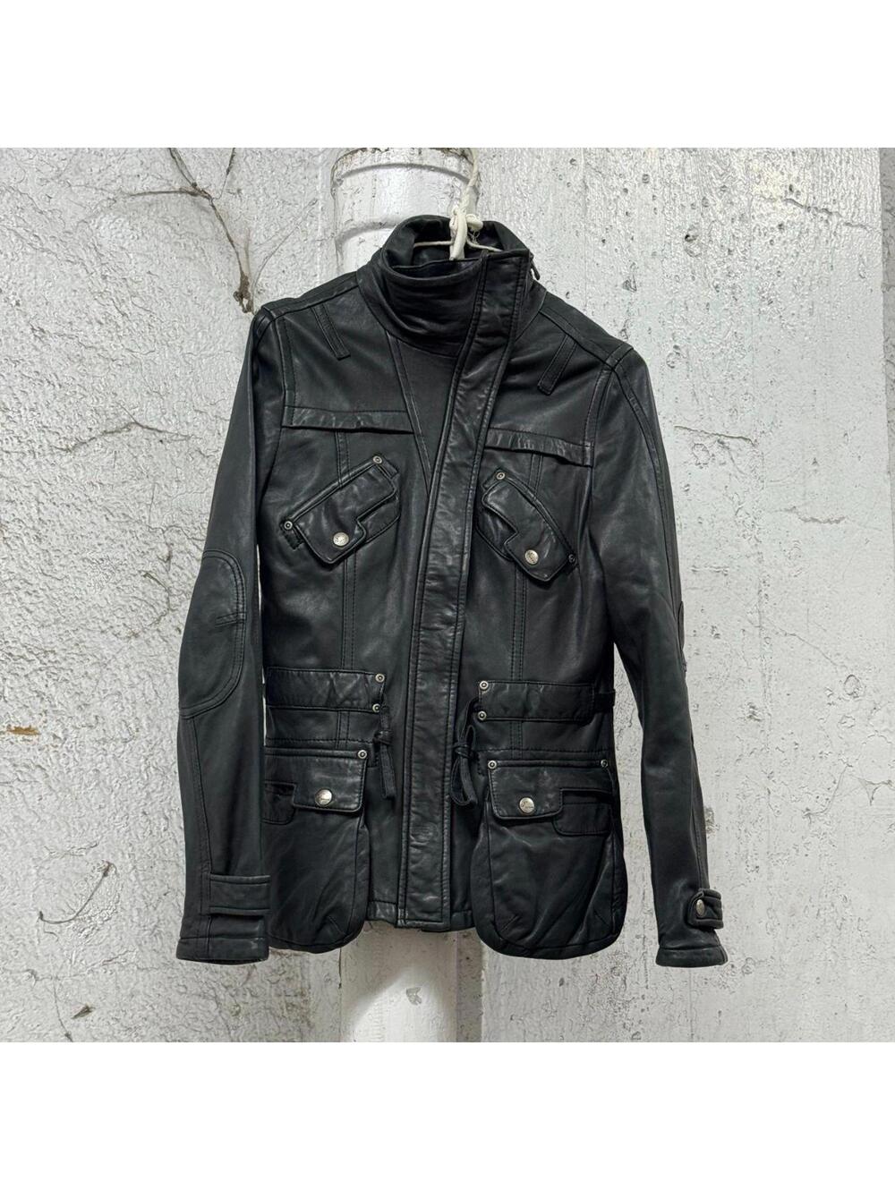 Vintage Technical "Cyber-Cargo" Funnel Neck Genuine Leather Jacket Black
